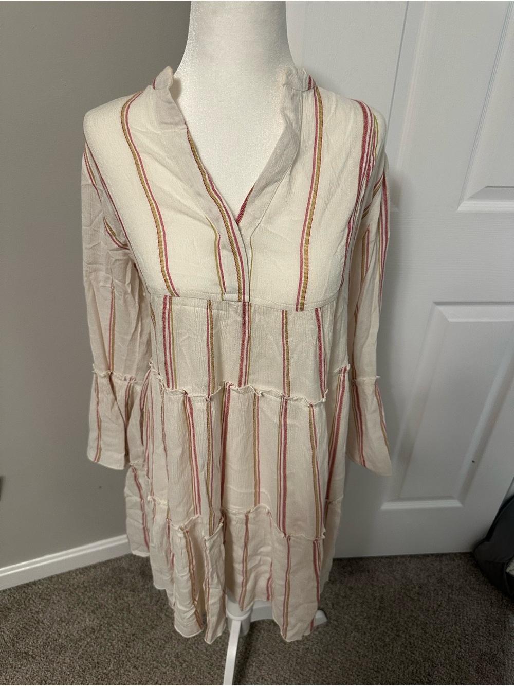 Elan Cream Dress with Red & Mustard Stripes